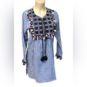 VELZERA Top Embroidered Long Sleeve Striped Size Small Multicolor Boho floral